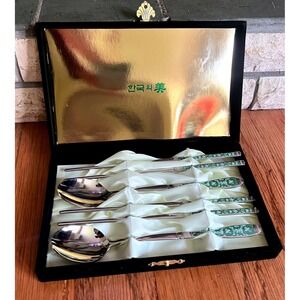 Korean‎ Celadon Crane Stainless Steel Chopsticks Spoon Gift Set Presentation Box